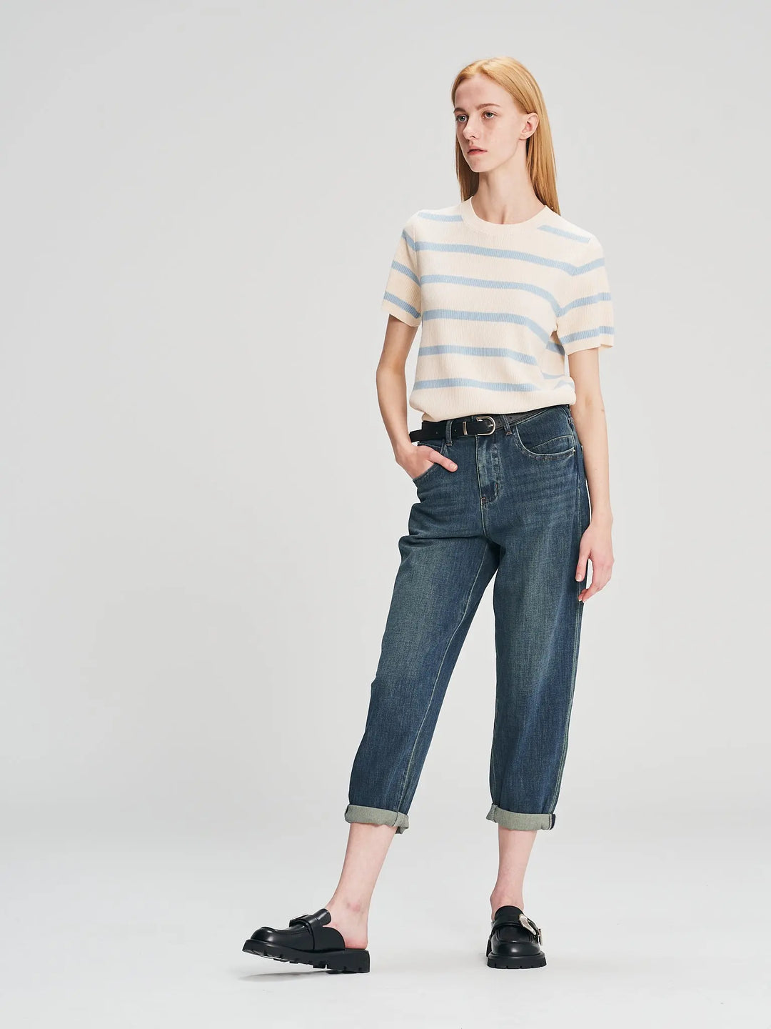 An image of a  Blue-One-Size 25175 Basic Stripe T-Shirt by  Mirra Masa
