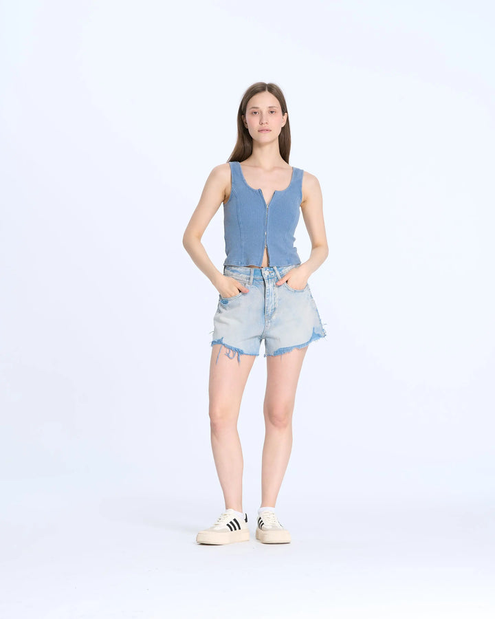 An image of a  Blue-Medium 28596 Two-Way Zip Tank Top by  Mirra Masa