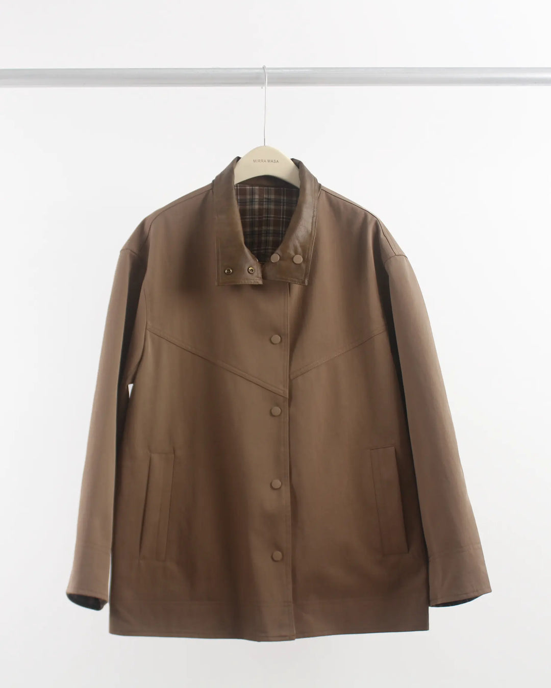 An image of a  Dark-Khaki-One-Size 3024Q Reversible Plaid-Accented Jacket by  Mirra Masa