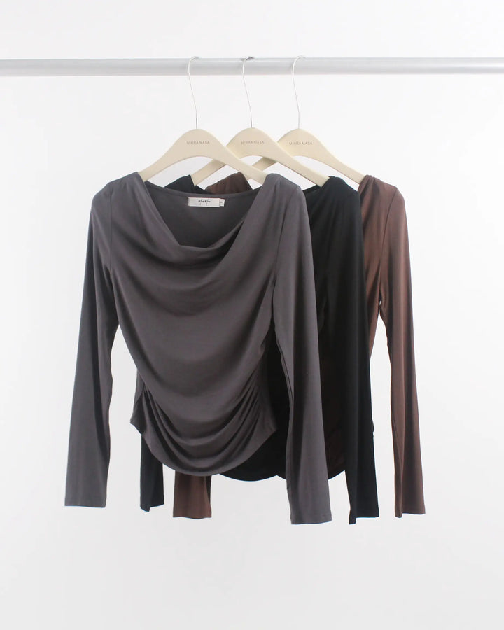 An image of a  Black-Medium 3786 Cowl Neck Layering Top by  Mirra Masa