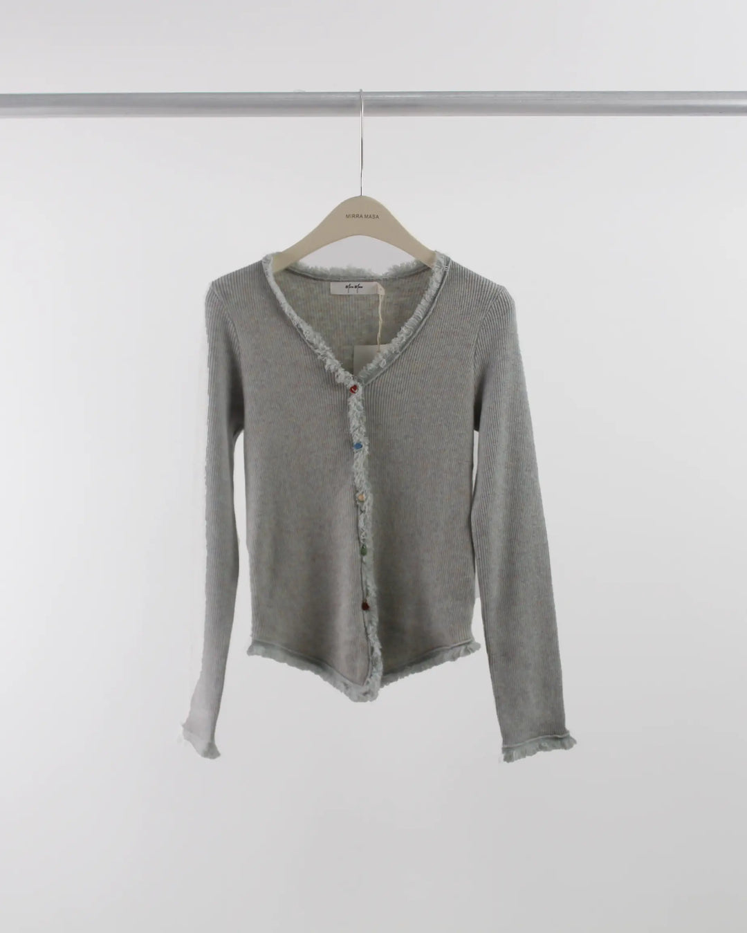 An image of a  Green-Medium 7494Q Hearty Button Cardigan with Frayed Hem by  Mirra Masa