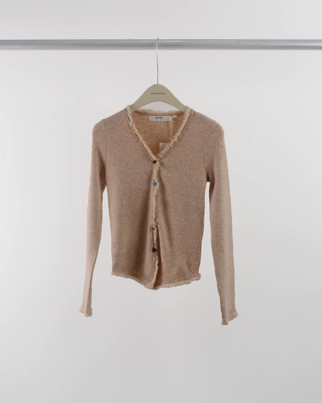 An image of a  Almond-Medium 7494Q Hearty Button Cardigan with Frayed Hem by  Mirra Masa