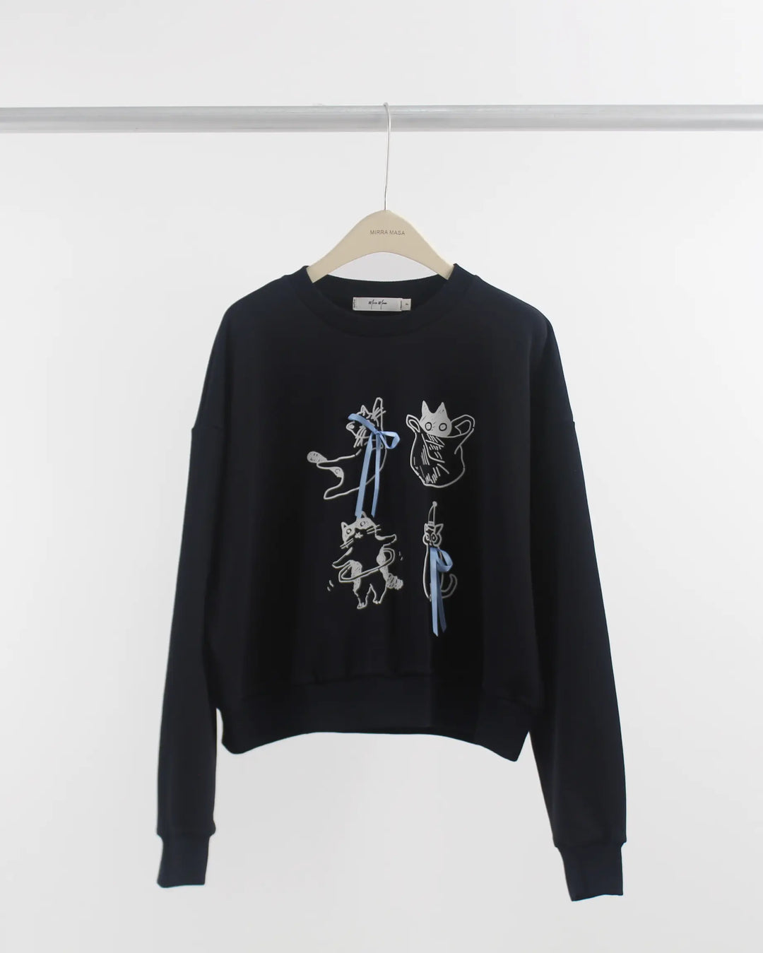 An image of a  Dark-Blue-One-Size 7644Q Kitty and Bow Sweatshirt by  Mirra Masa