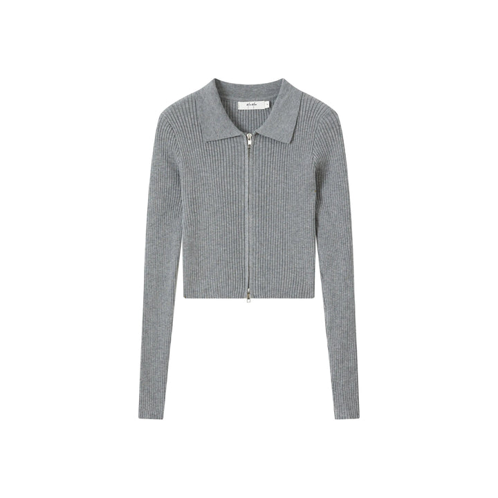 An image of a  Grey-One-Size 9976 Zip-Up Knit Top by  Mirra Masa