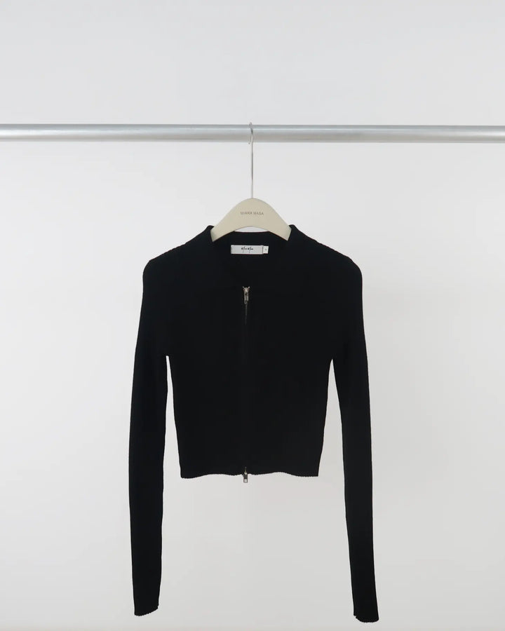 An image of a  Black-One-Size 9976 Zip-Up Knit Top by  Mirra Masa