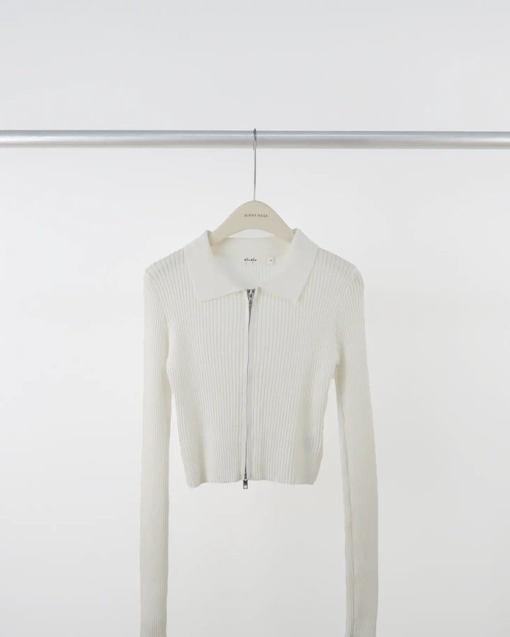 An image of a  White-One-Size 9976 Zip-Up Knit Top by  Mirra Masa