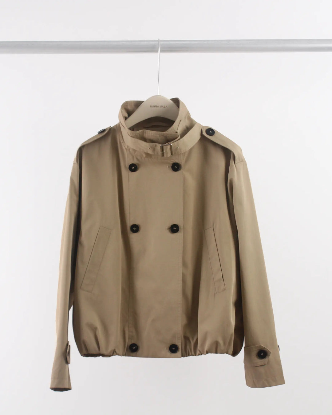 An image of a  Khaki-Medium A072 Short Trench Coat by  Mirra Masa