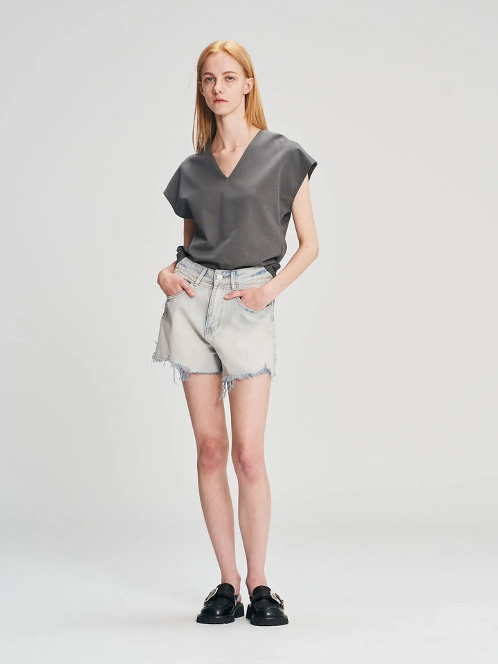 An image of a  Grey-Small D5540 Basic Short-Sleeve Blouse by  Mirra Masa