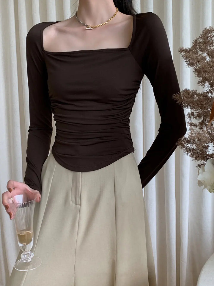 An image of a  Brown-Small LL6183 Scoop-Neck Top by  Mirra Masa