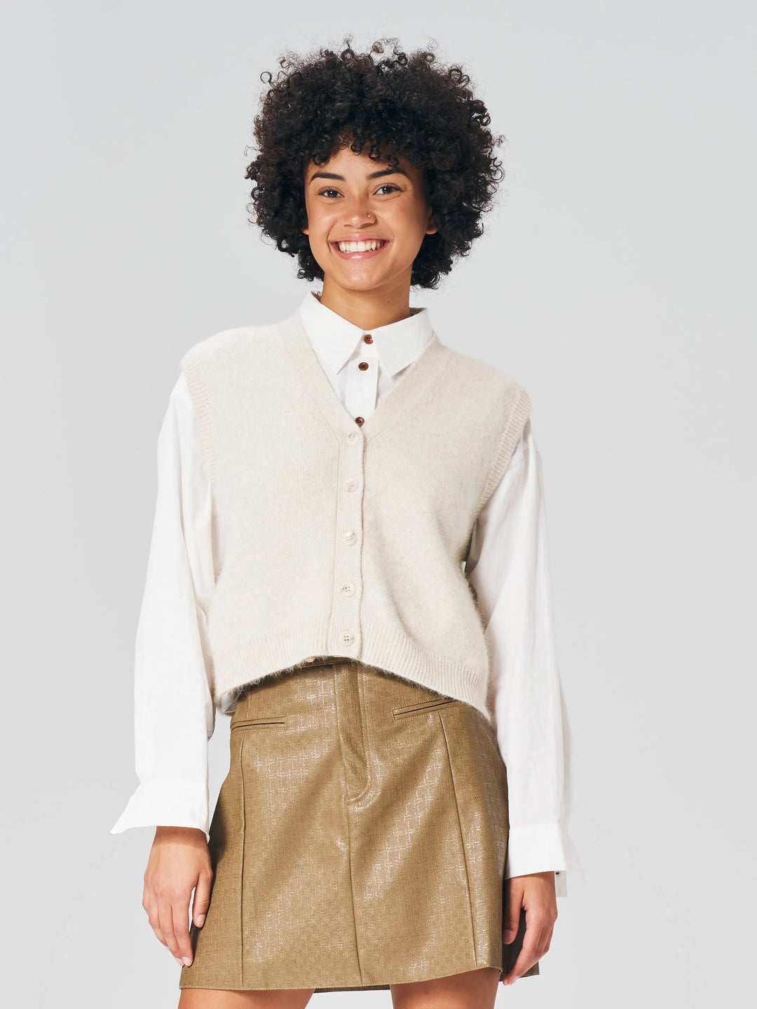 An image of a  Beige-One-Size MY3225 Wool Blend Vest by  Mirra Masa