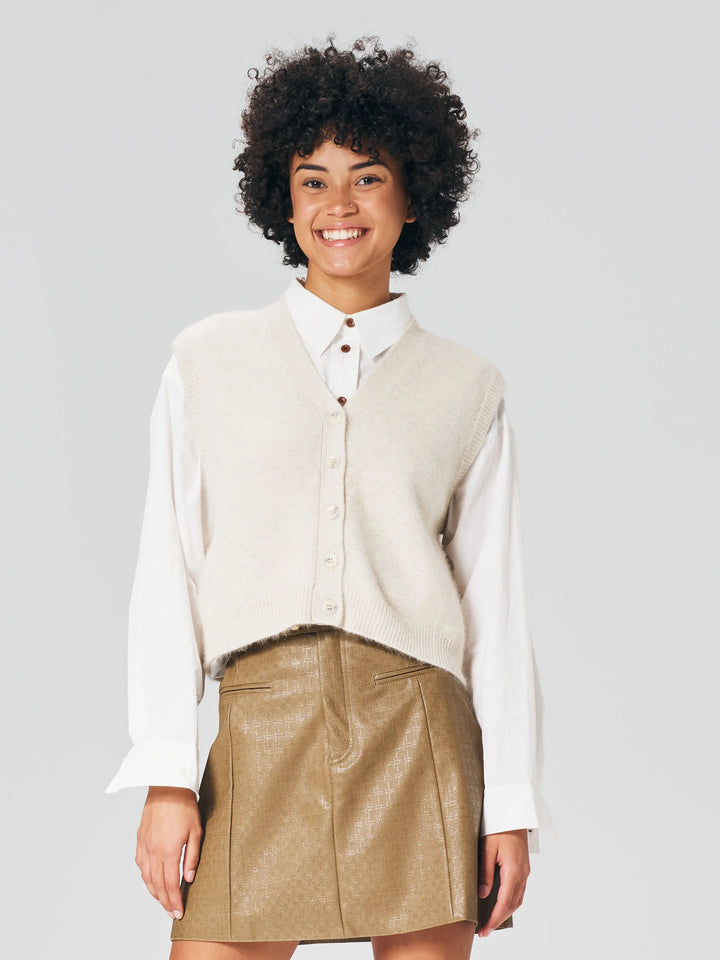 An image of a  Beige-One-Size MY3225 Wool Blend Vest by  Mirra Masa