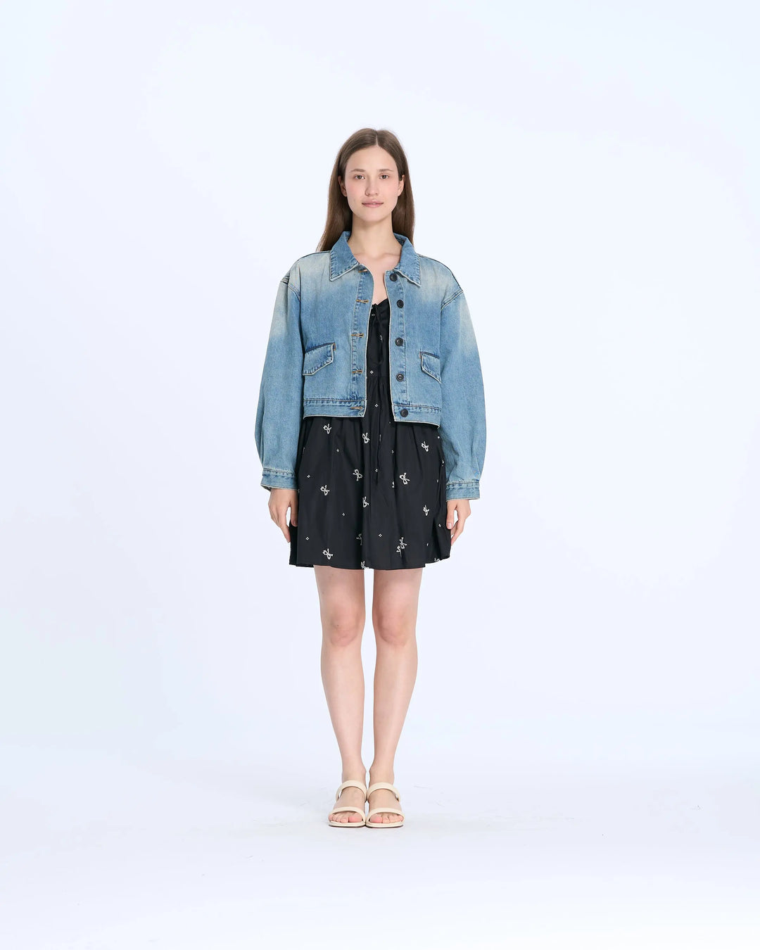 An image of a  Blue-One-Size S0386 Cropped Denim Jacket by  Mirra Masa