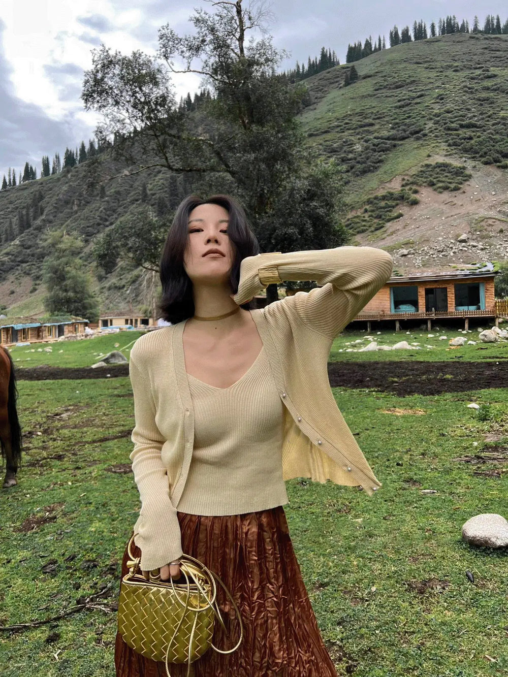 An image of a  Beige-One-Size S7607 Slip and Cardigan Duo by  Mirra Masa