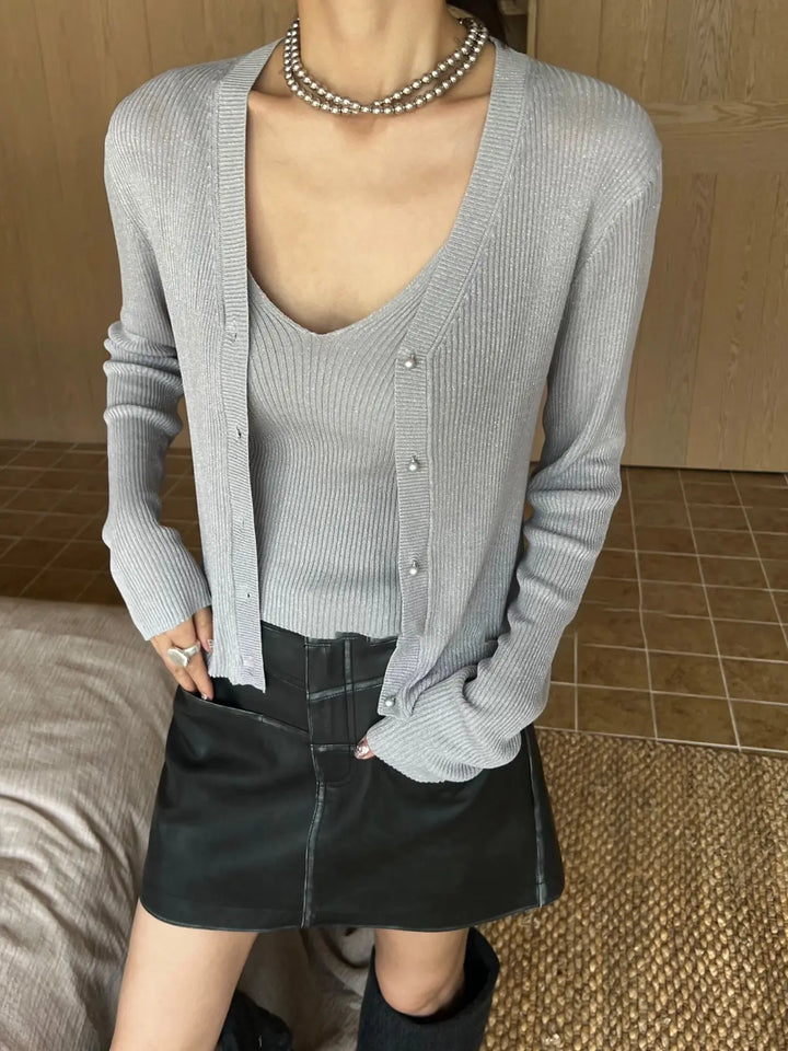 An image of a  Grey-One-Size S7607 Slip and Cardigan Duo by  Mirra Masa