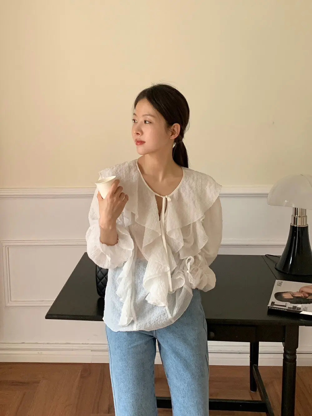 An image of a  White-One-Size S8805 Ruffled Blouse by  Mirra Masa