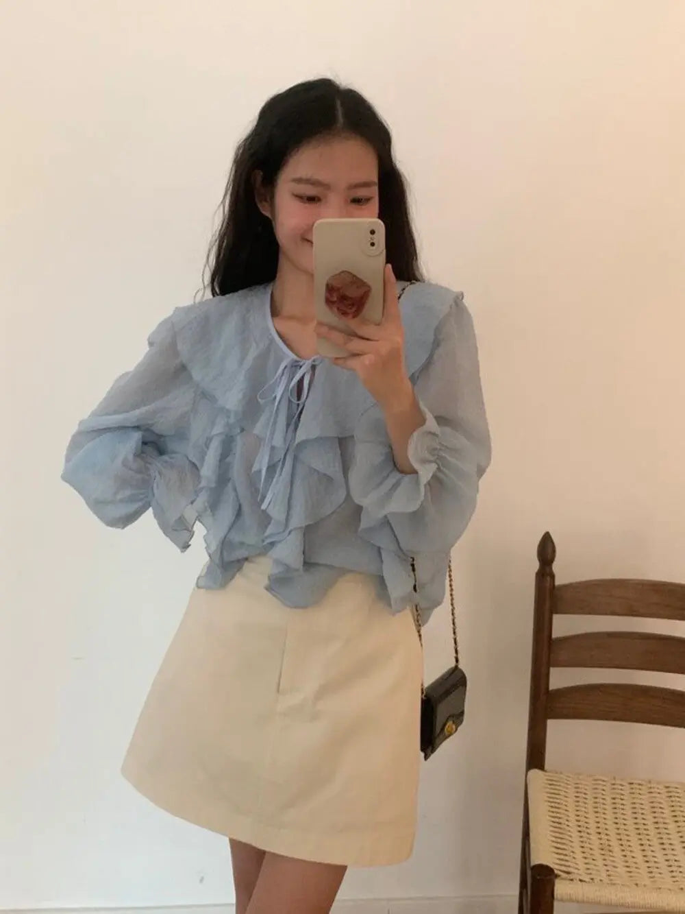 An image of a  Blue-One-Size S8805 Ruffled Blouse by  Mirra Masa