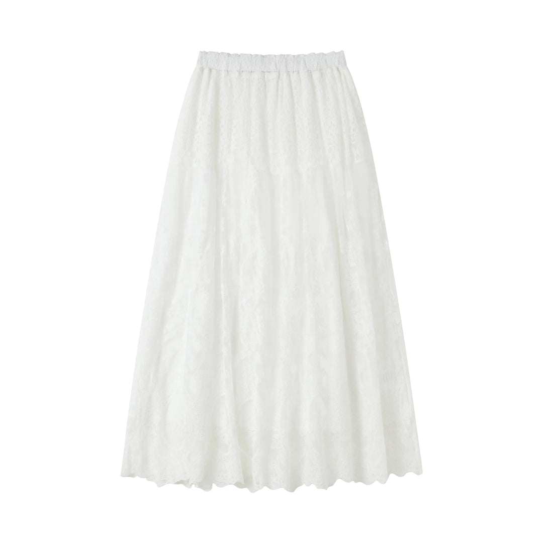 An image of a   SK7T9S6 Laced Midi Skirt by  Mirra Masa