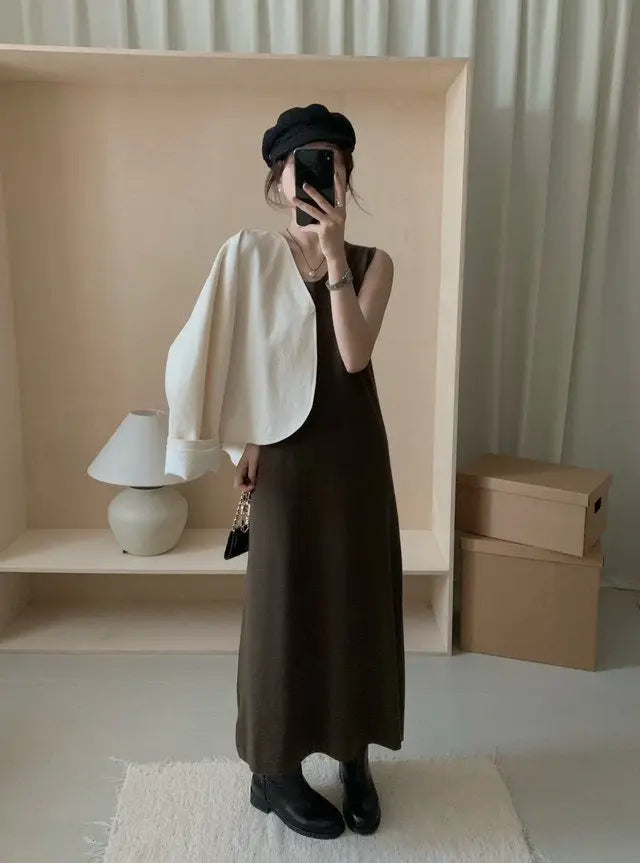 An image of a  Brown-One-Size T3075 Long Shift Dress by  Mirra Masa