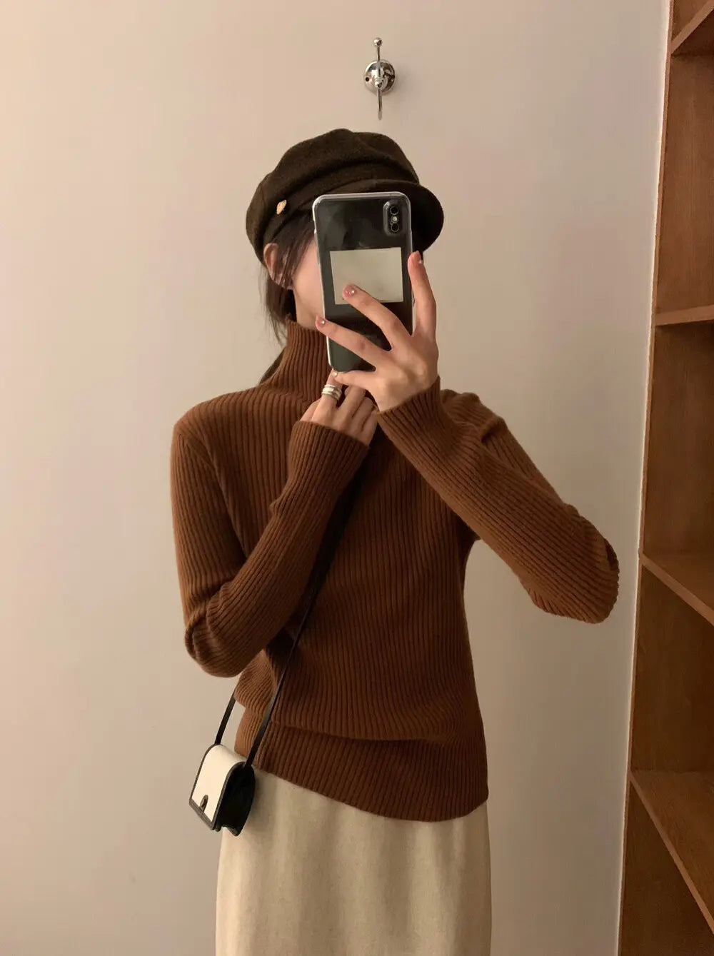 An image of a  Caramel-One-Size T3191 Ribbed Turtleneck Sweater by  Mirra Masa