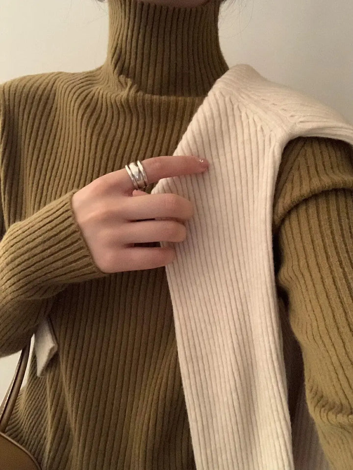 An image of a  Yellow-One-Size T3191 Ribbed Turtleneck Sweater by  Mirra Masa